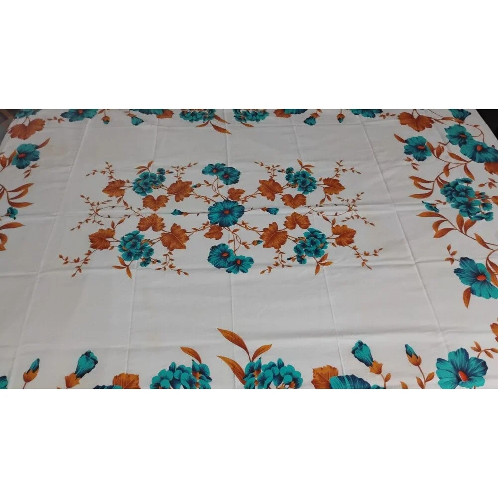 Vtg Mid Century Tropical Cotton Tablecloth 57 X 66 Hollywood Regency Blue White